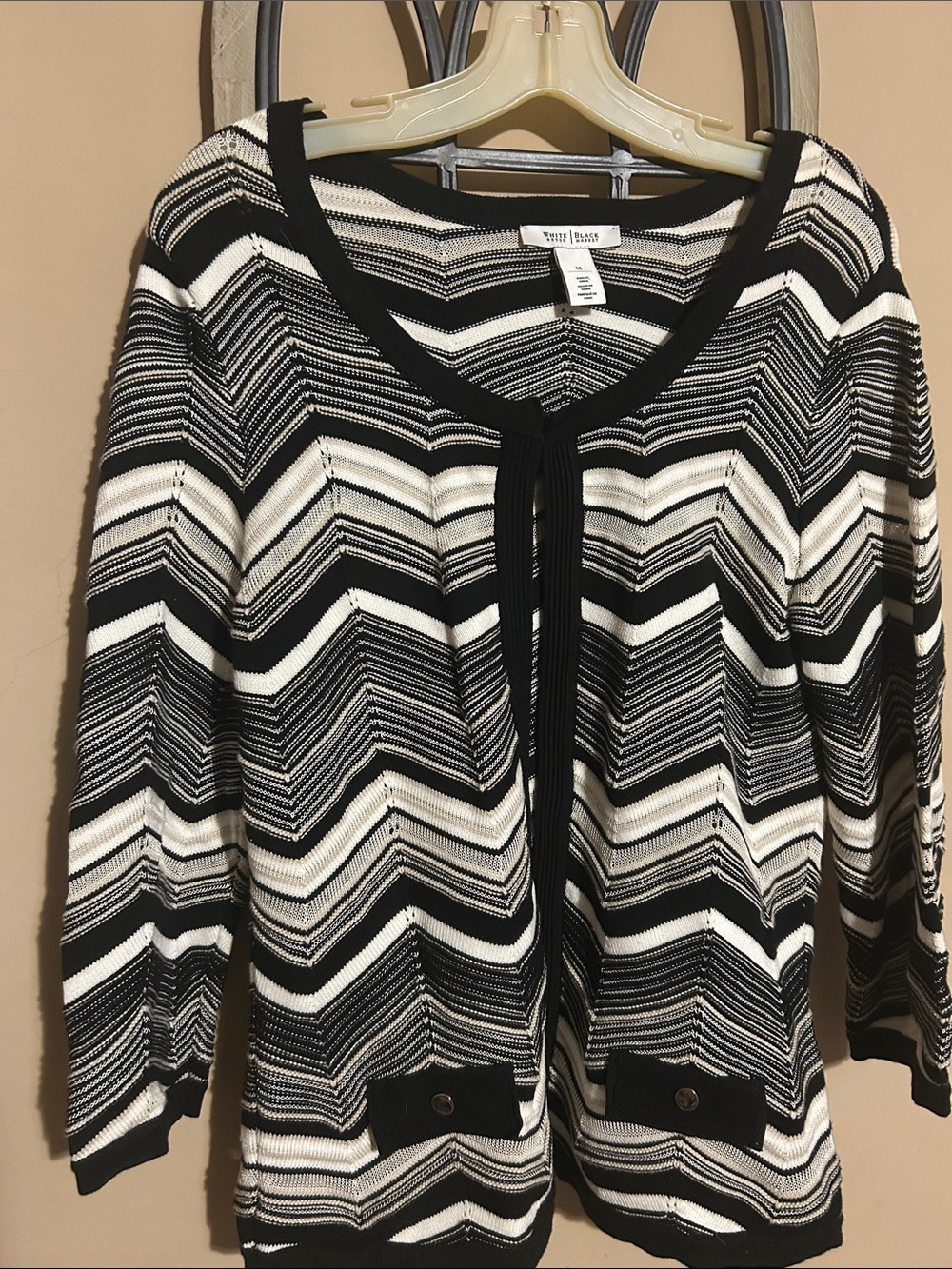 White House Black Market Black and White Chevron Cardigan